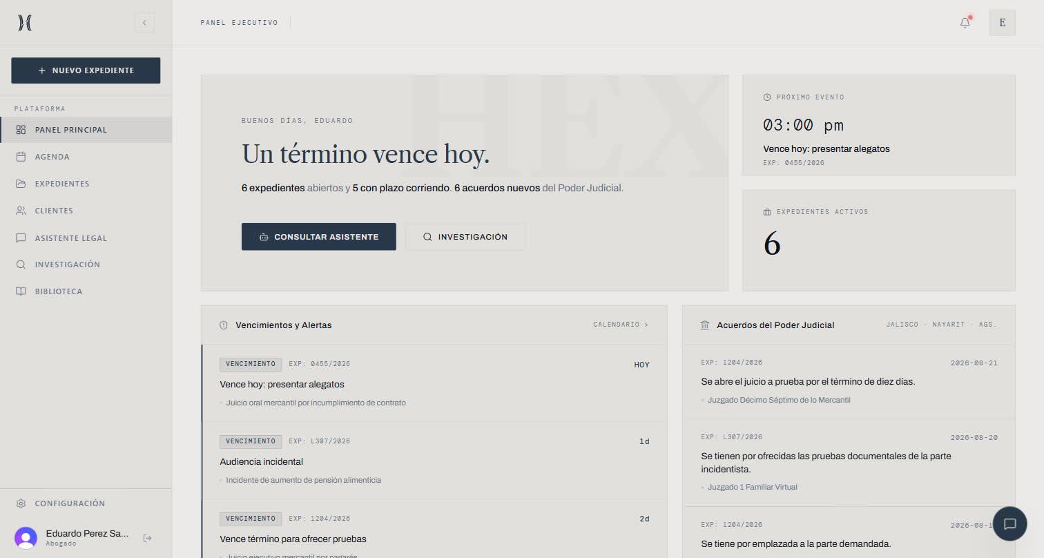 Panel de HEX mostrando que un término vence hoy, los vencimientos de la semana y los acuerdos nuevos del Poder Judicial